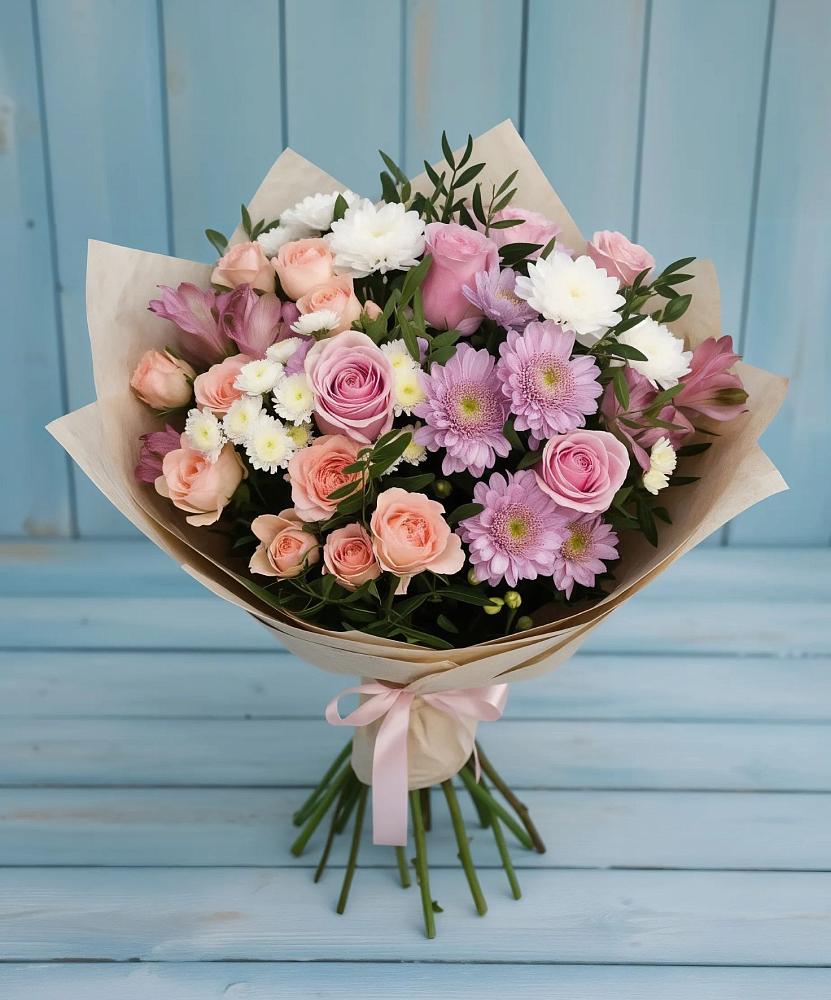 Букет цветов из: Хризантемы, Розы и Альстромерии в Высоковске