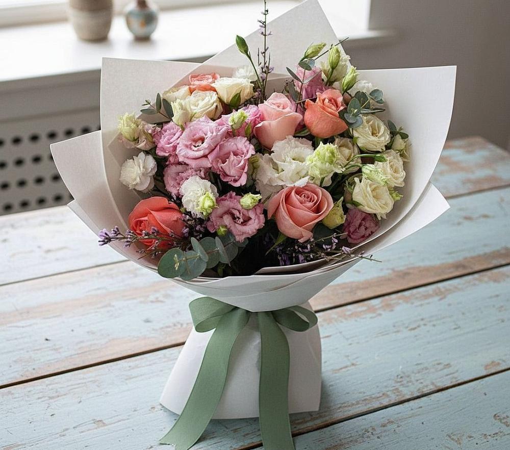 Букет цветов из: Розы, Лизиантусы и Гвоздики в Высоковске