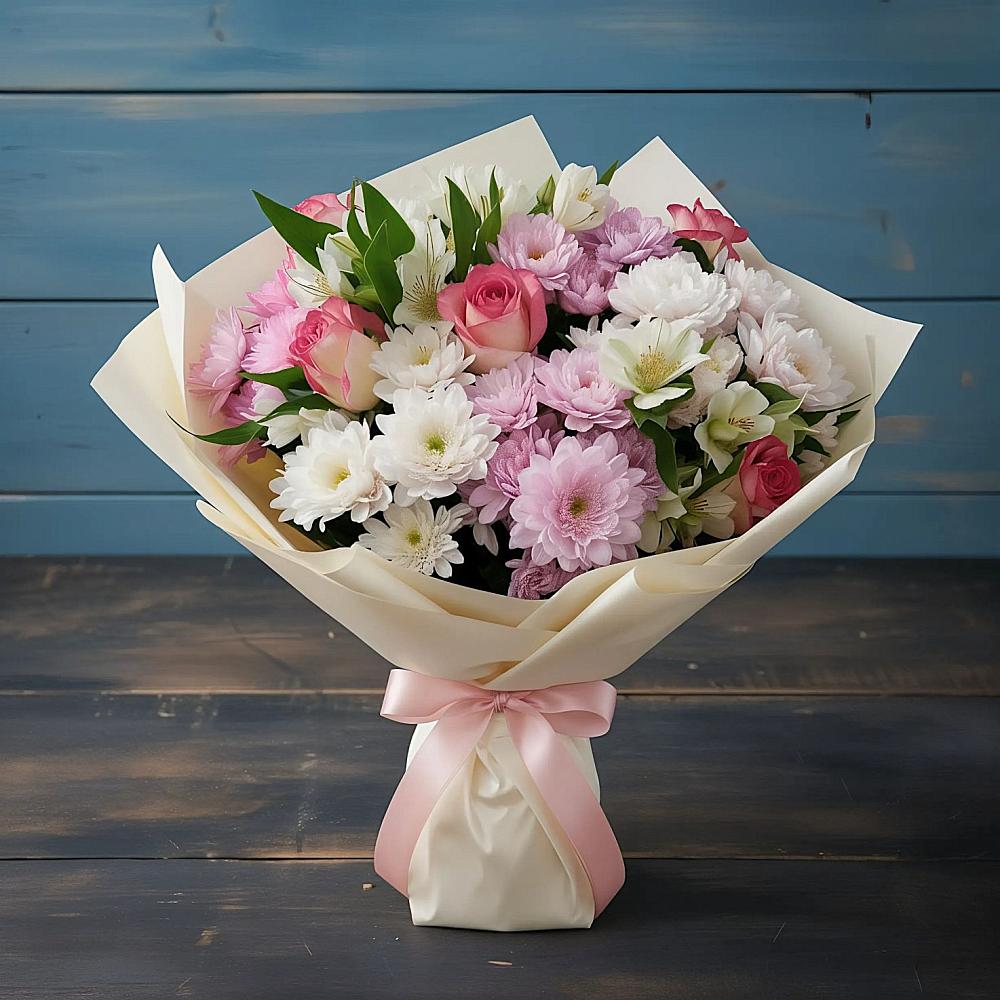 Букет цветов из: Хризантемы, Альстромерии и Розы в Высоковске